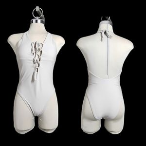 Aerie swim one piece size m Grey with tie up neck and pads bodysuit